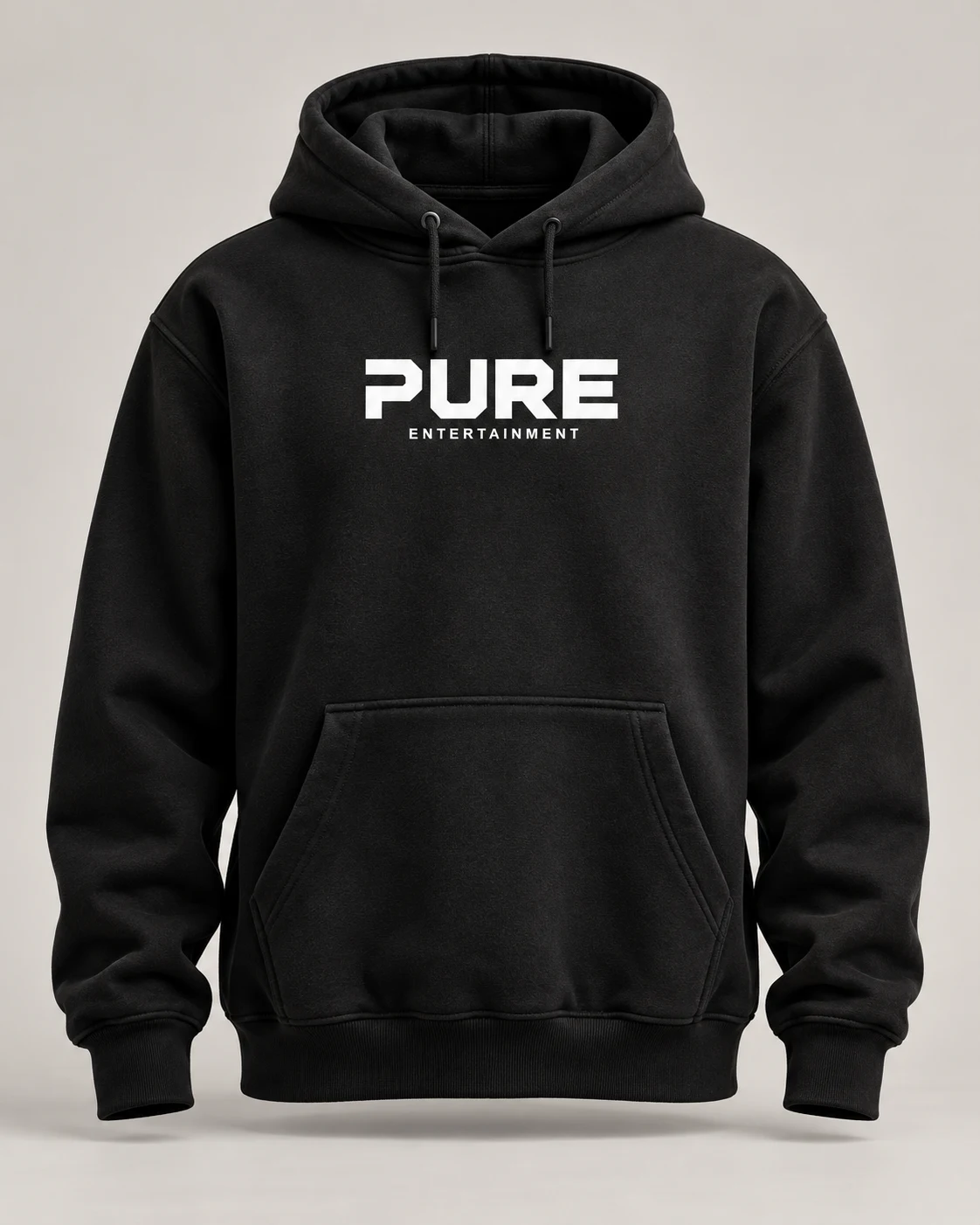 Black PURE Entertainment hoodie design mockup with white chest wordmark