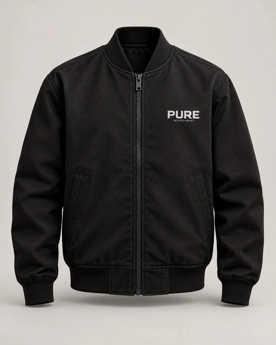 Black PURE Entertainment bomber jacket design mockup